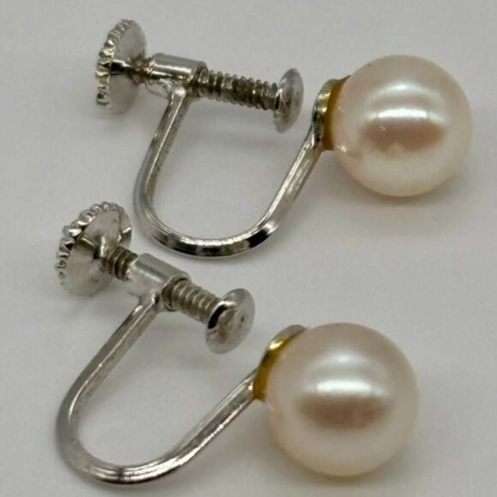 Vintage European 7mm Pearl Earrings 80 Percent Silver Screw-Back Marked "Silver"